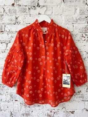 Trovata Birds of Paradis Red Dandelion Print Cotton Blend Blouse Ruffle XS $258